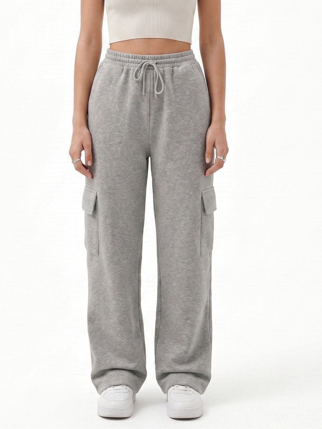 Grey Cargo Pockets Solid Sweatpants