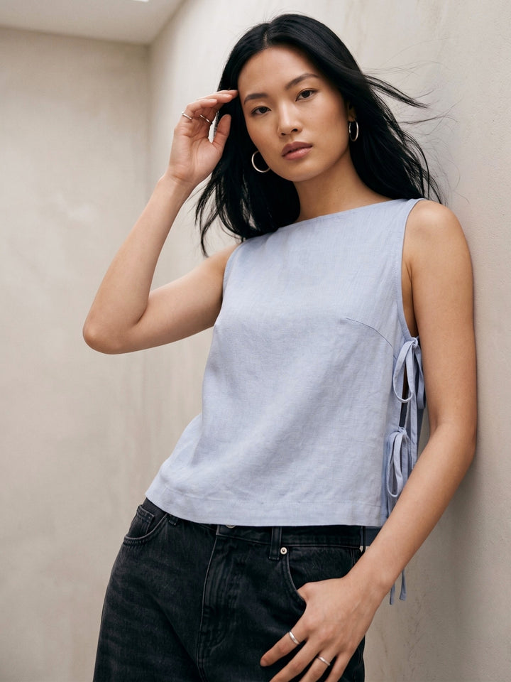 Blue High Neck Flowy Top With Side Tie Up