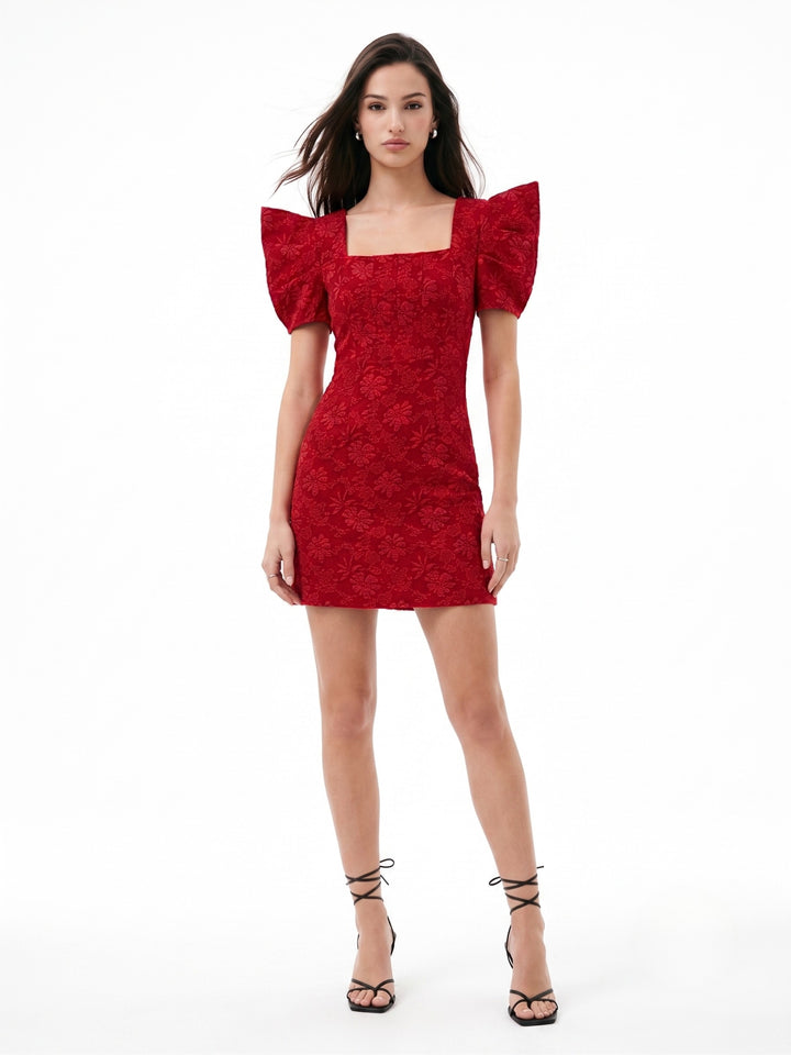 Red Textured Mini Dress With Puff Sleeves