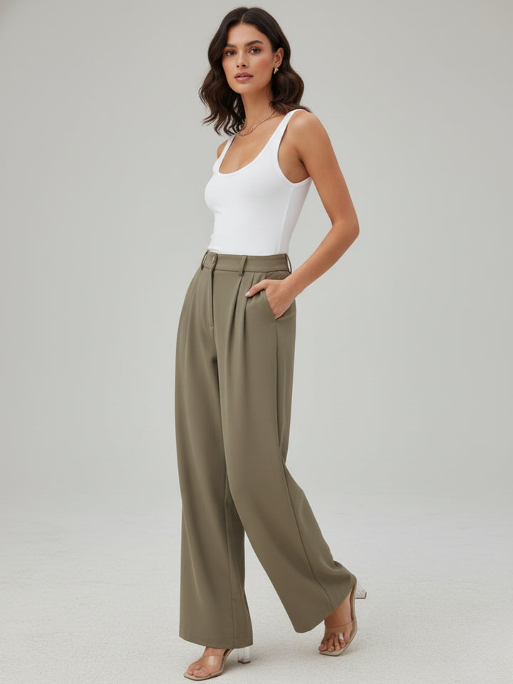 Beige Wide Leg Pleated Pants