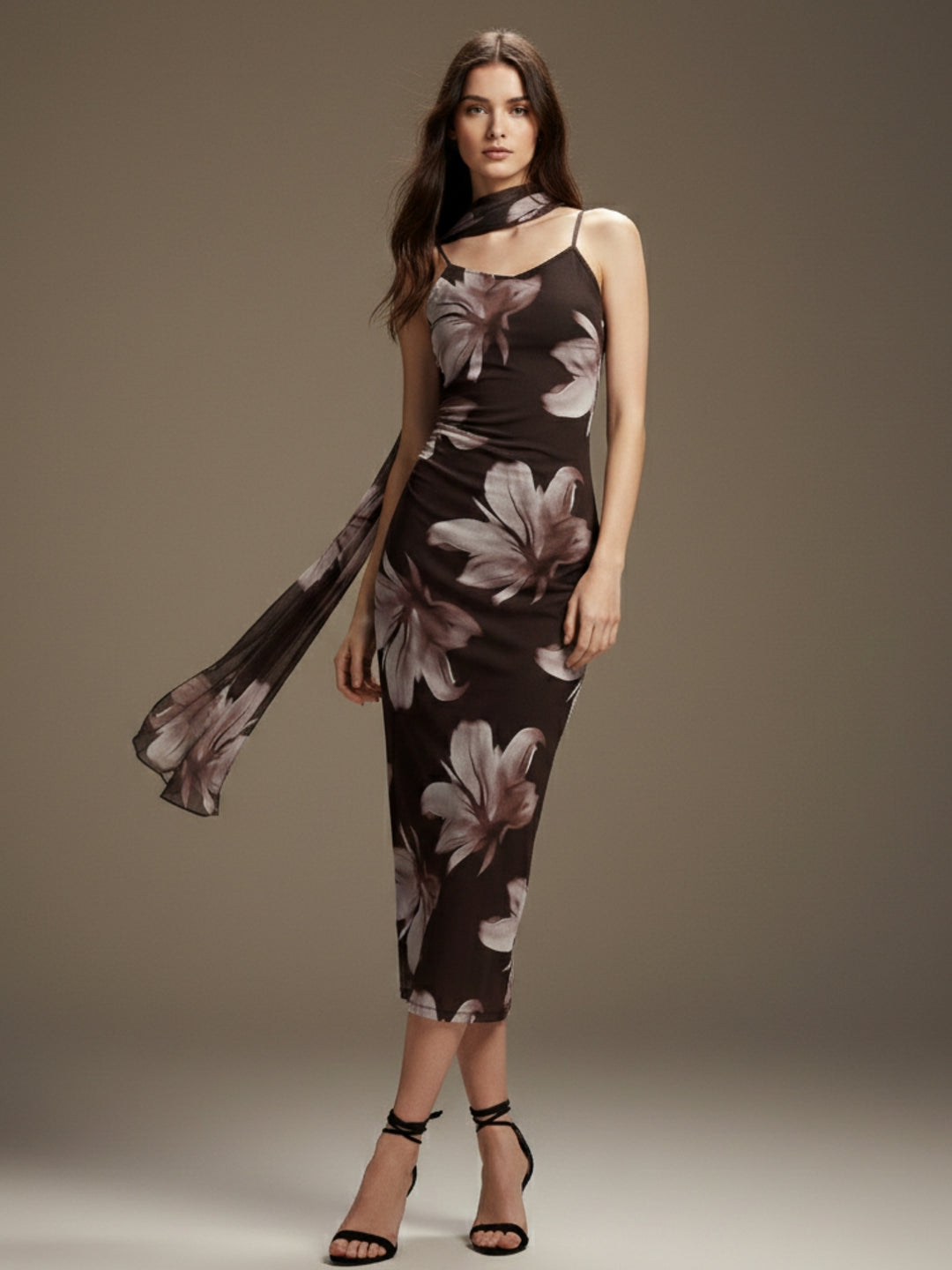 Brown Strappy Printed Mesh Dress With Scarf Detail