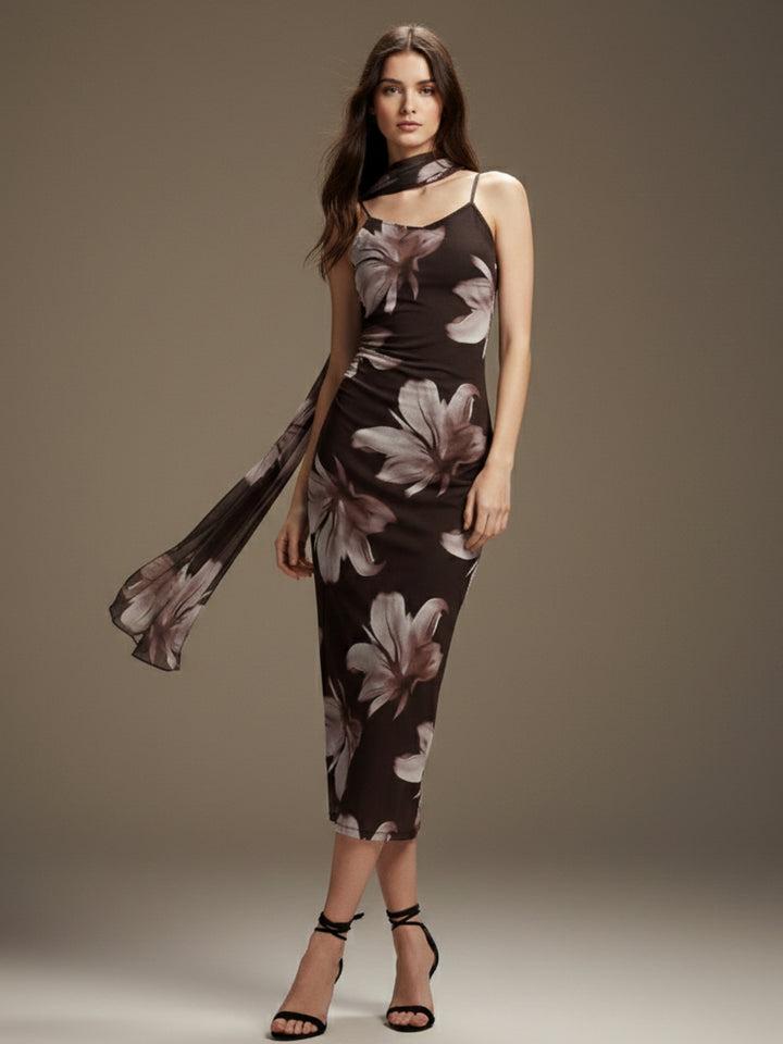 Brown Strappy Printed Mesh Dress With Scarf Detail