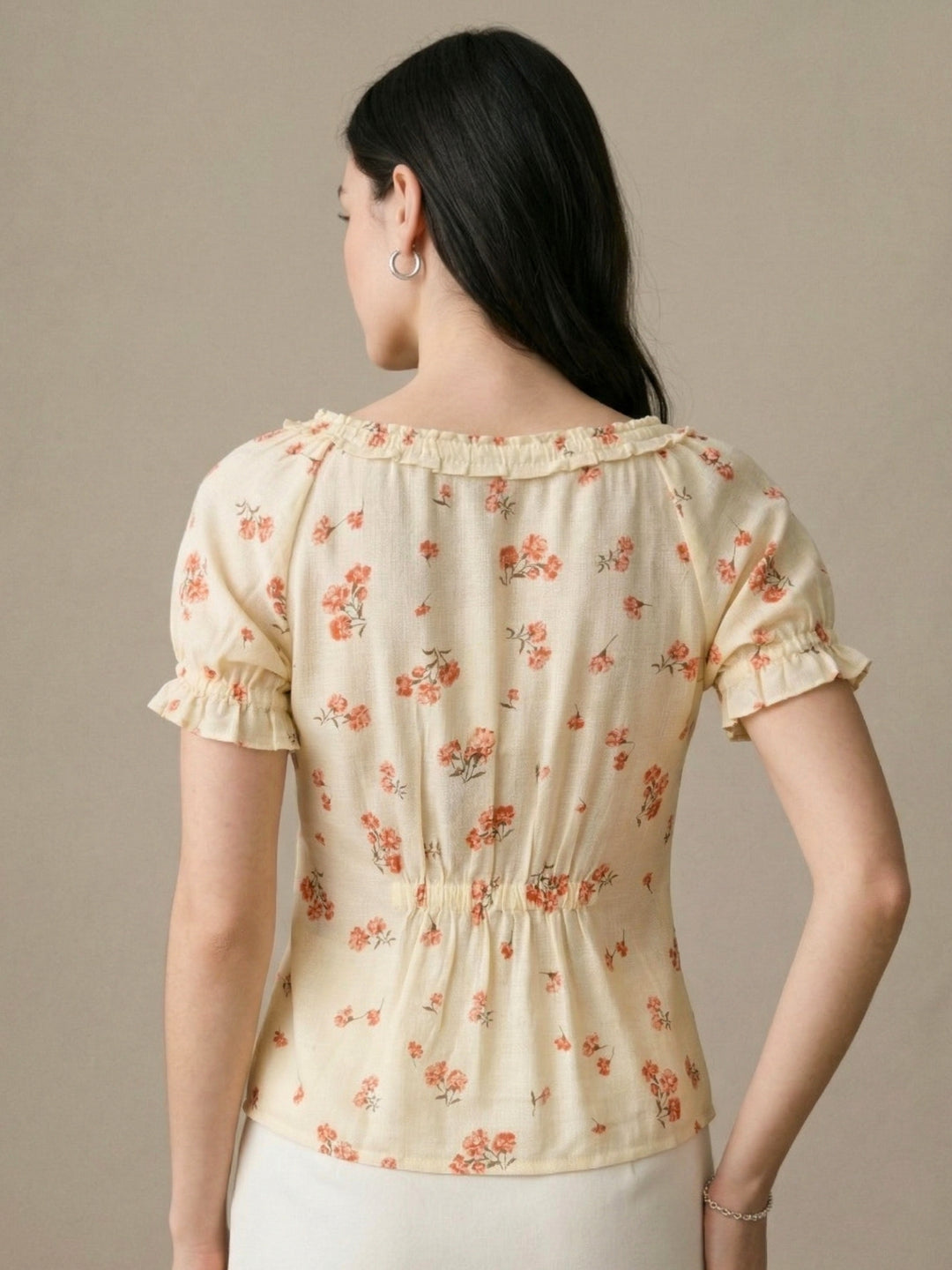 Butter Yellow Printed Square Neck Pleated Puff Sleeves Blouse