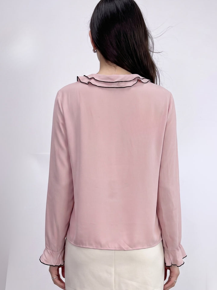 Pink Bell Sleeve Ruffle Collar Placket Shirt