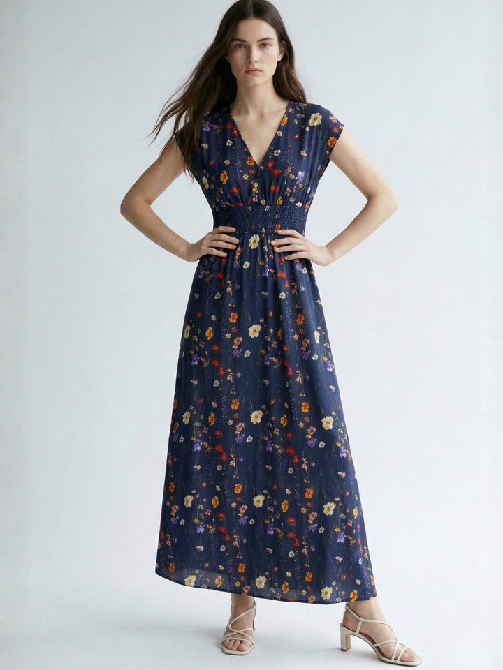 Blue Short Sleeve V Neck Floral Dress