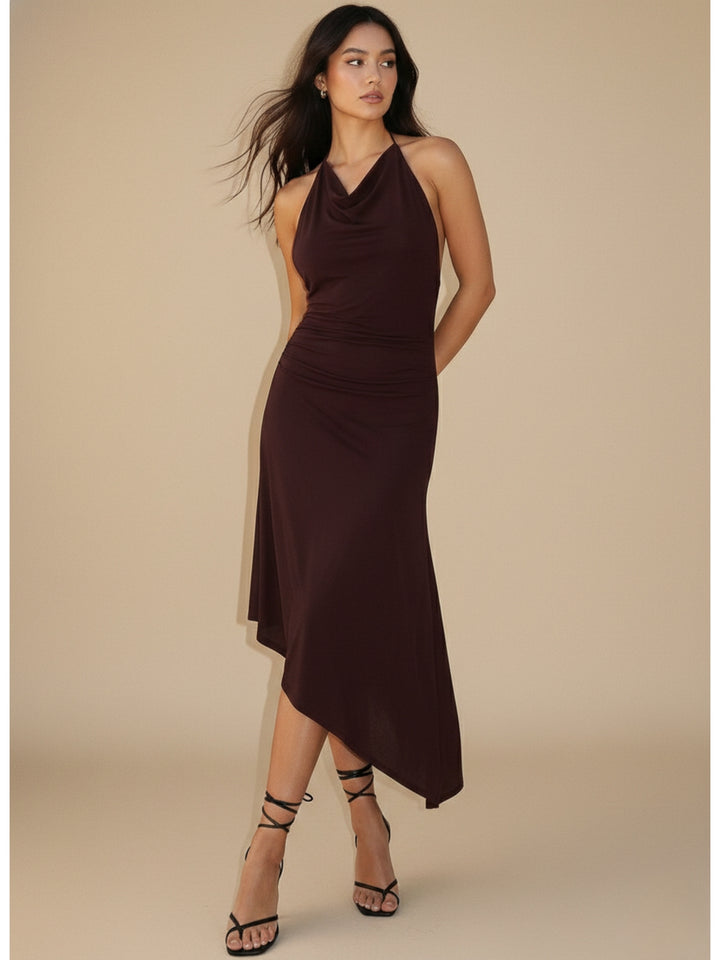 Brown Halter Neck Asymmetrical Hem Dress