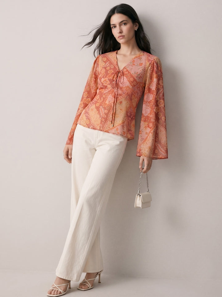 Multi Floral Print Blouse With Eye Let Details At Front