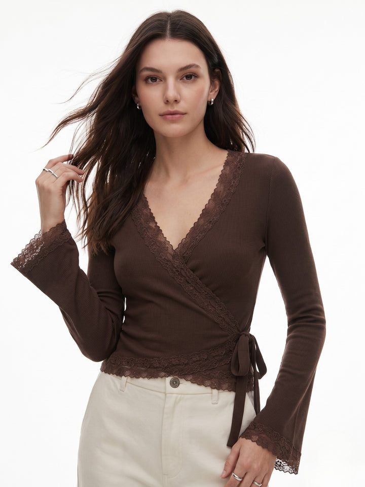 Brown Wrap Tie Up Solid Top