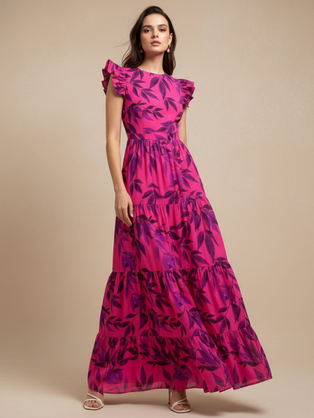 Purple Printed Tiered Flared Maxi Dress