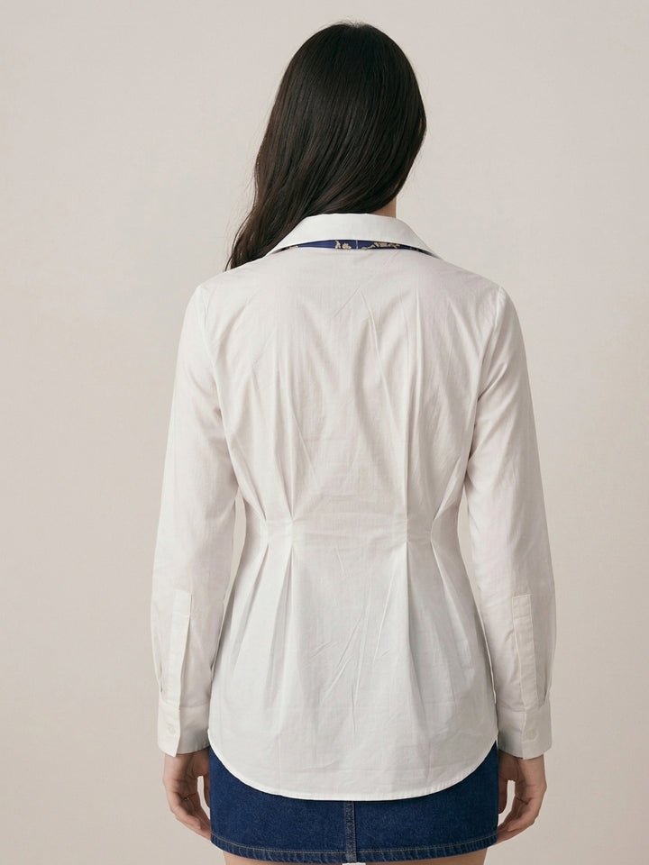 Off White Formal Fitted Shirt With Contrast Scarf