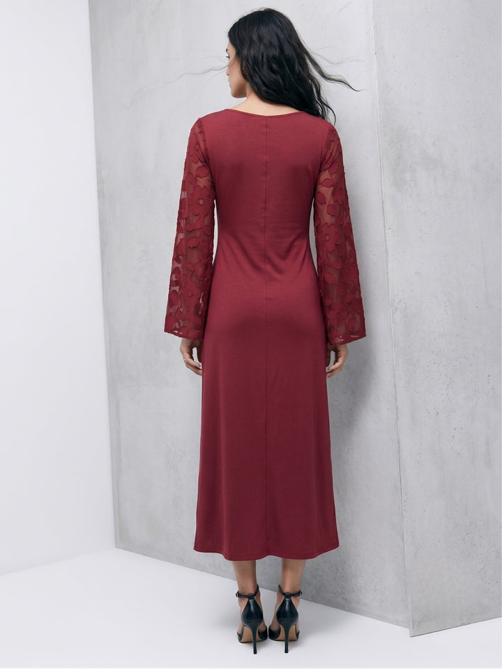 Maroon Bell Sleeve Scoop Neck Lace Detail Dress