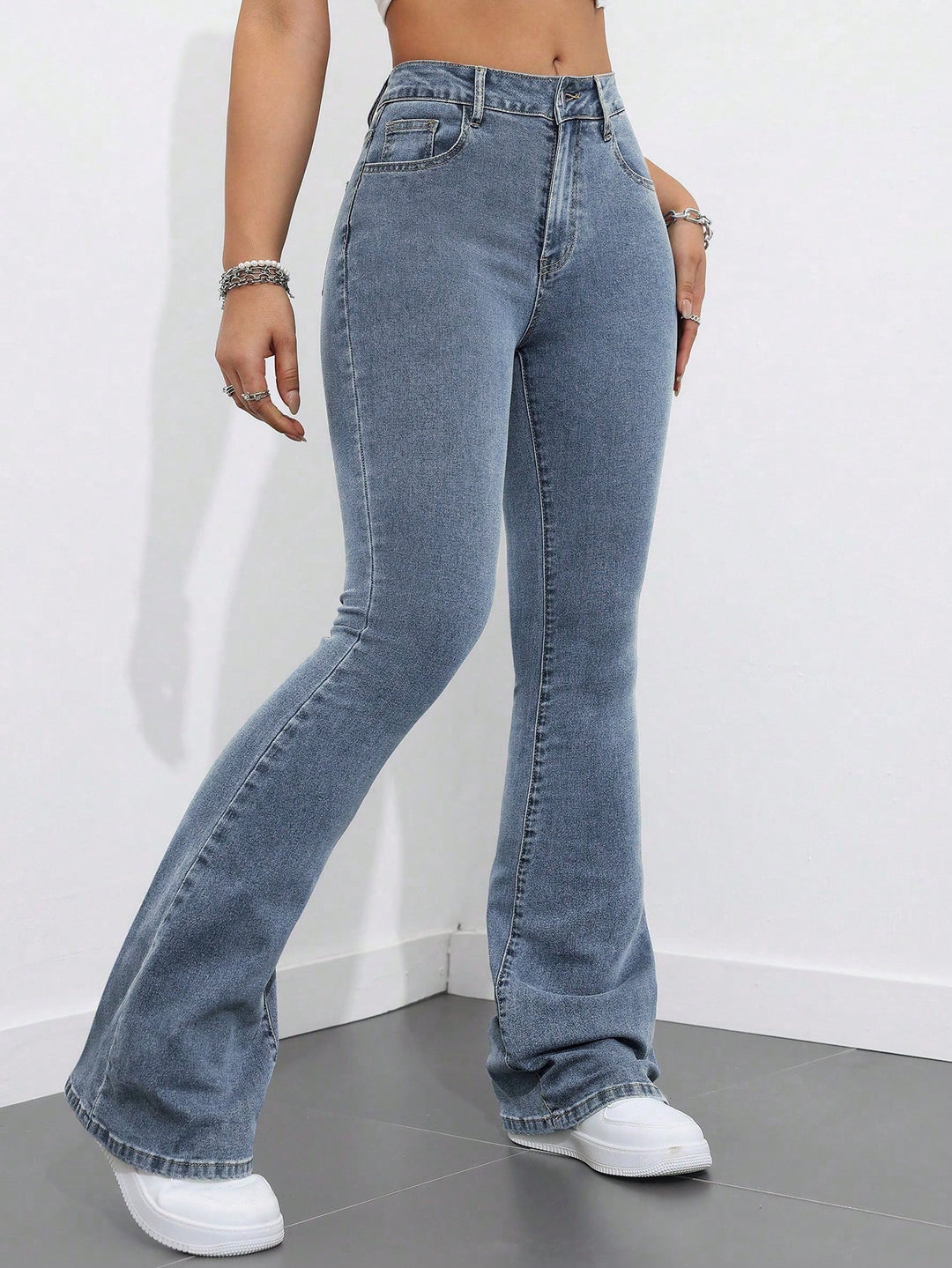 Grey Washed And Tinted Flared Denims