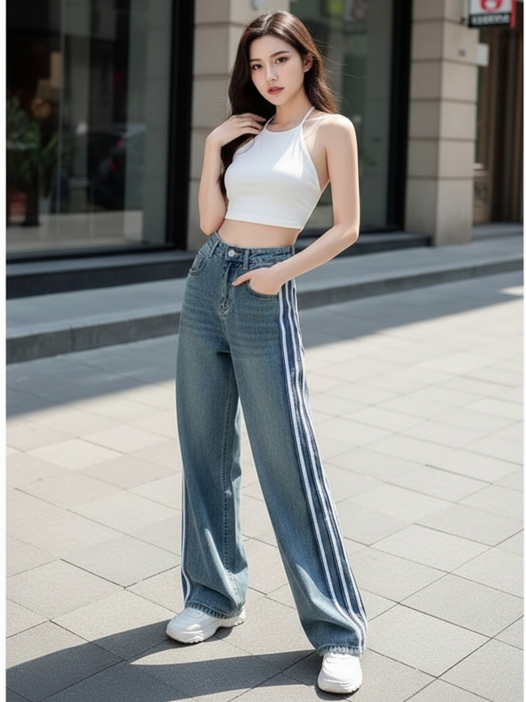 Blue High Waist Side Frayed Jeans