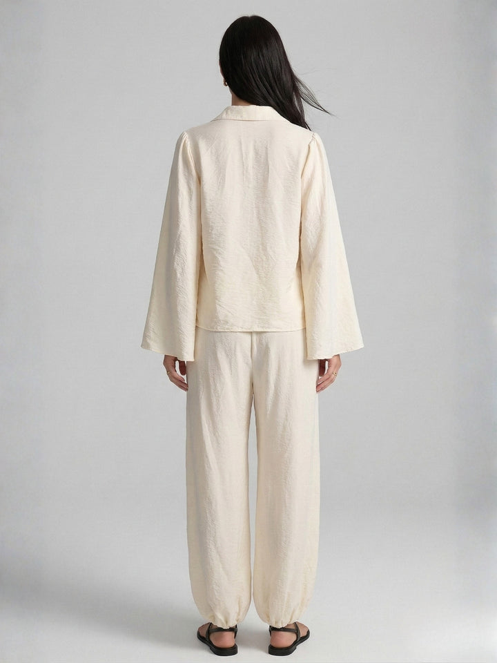 Off White Bell Sleeve Collared Top And Pant