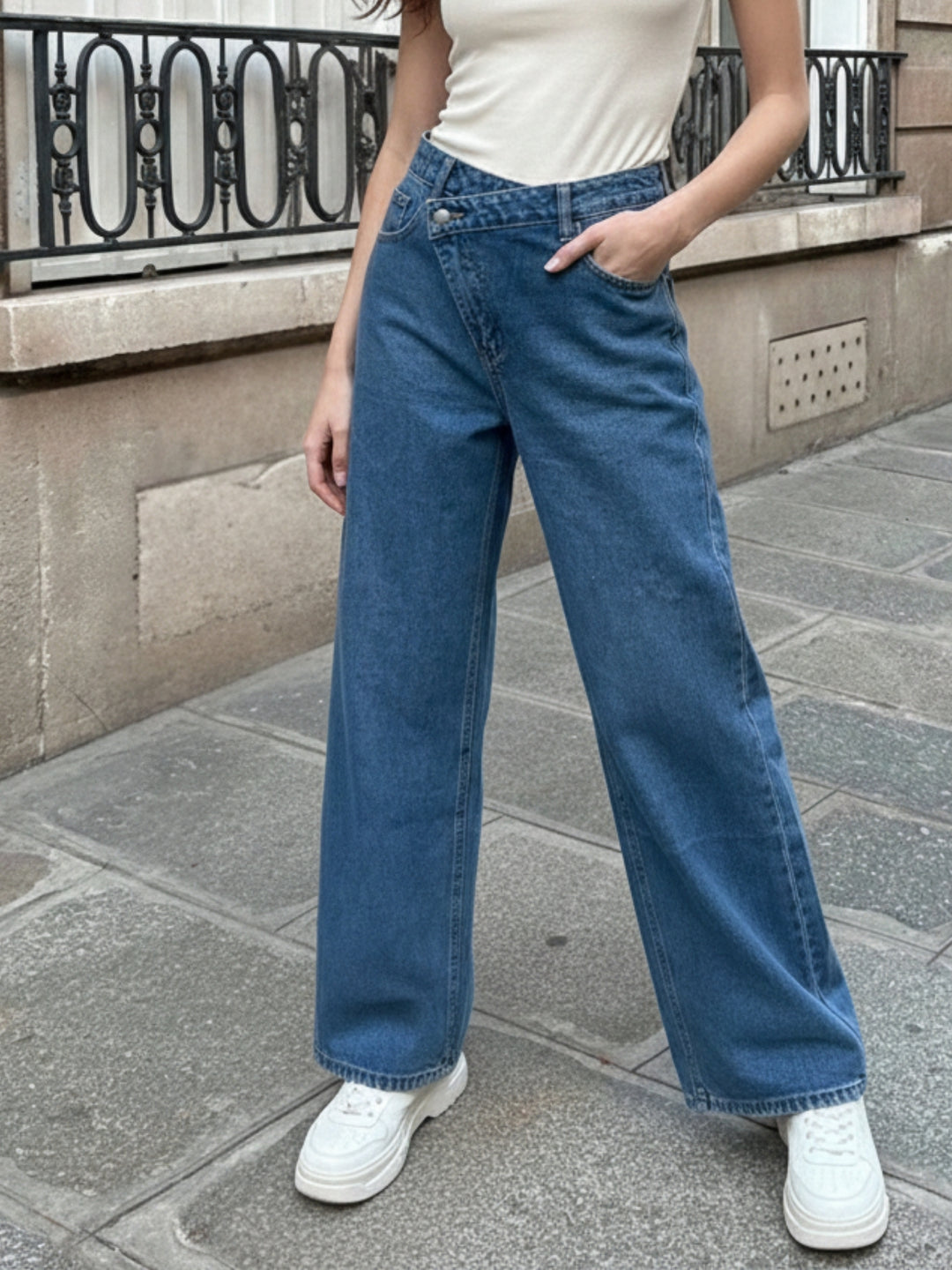 Blue Asymmetric Waist Band Denim