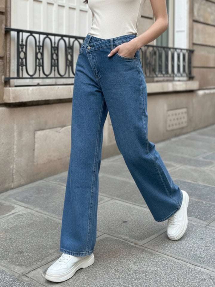 Blue Asymmetric Waist Band Denim