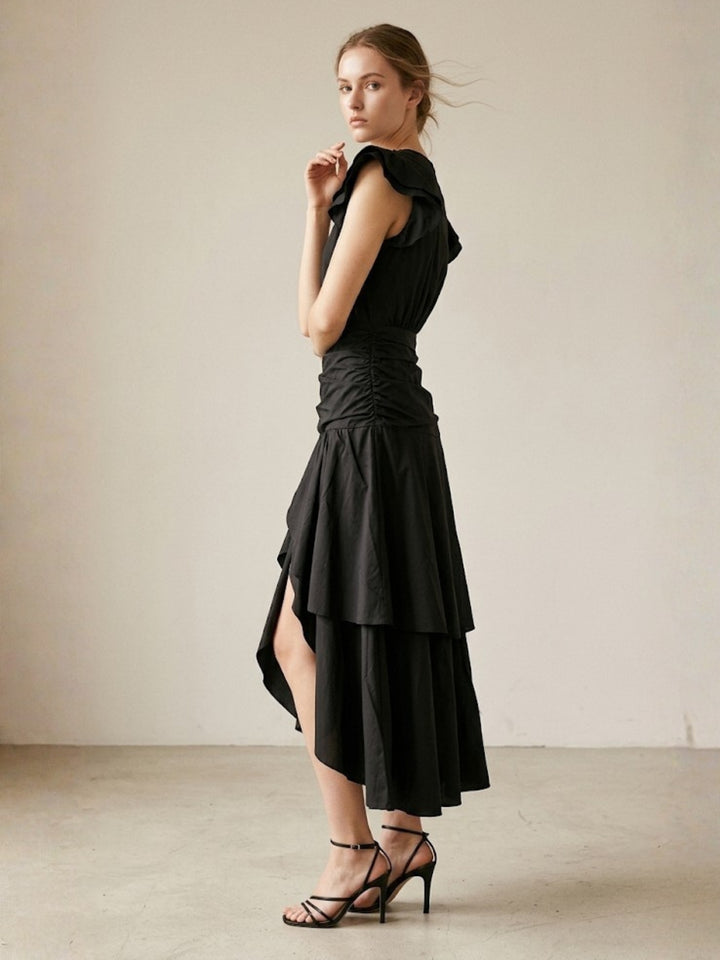 Black Ruffle Sleeve V Neck Dress