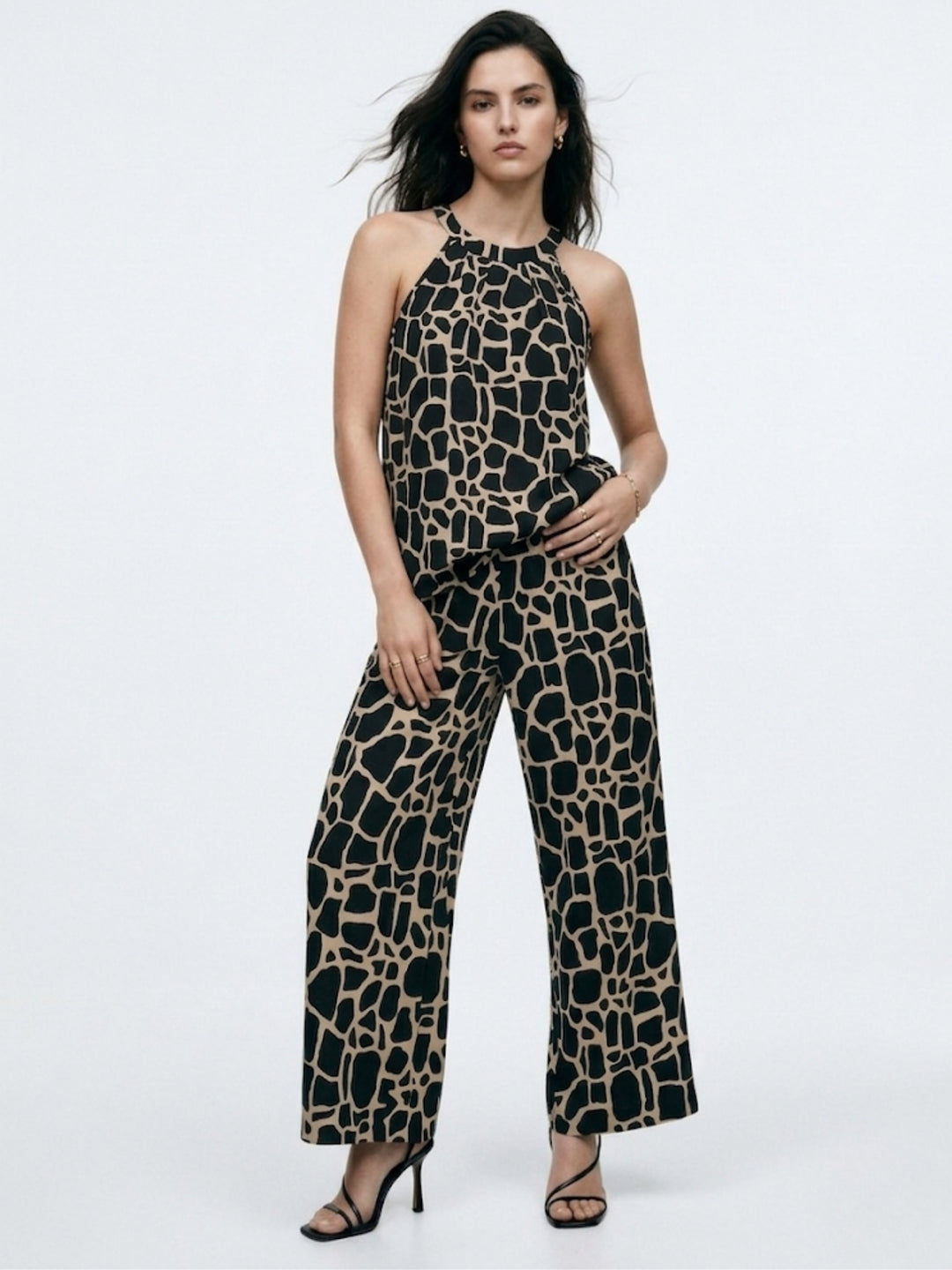Black Abstract Patterned Halter Top And Trousers Co-Ord Set