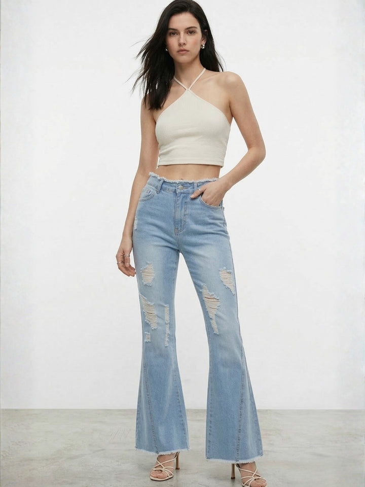 Light Blue Ripped Flared Jeans