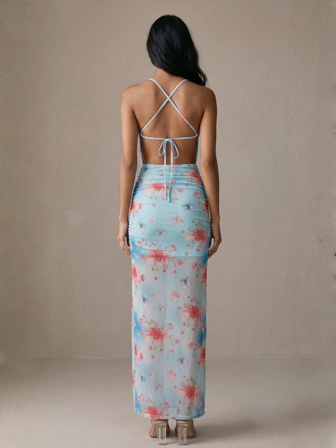 Blue Side Ruched Printed Dress