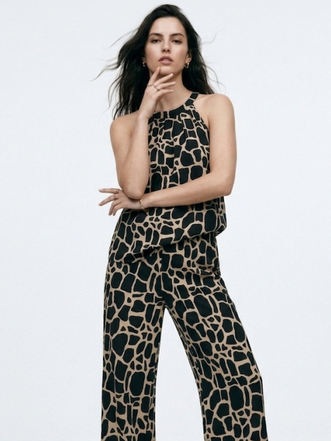 Black Abstract Patterned Halter Top And Trousers Co-Ord Set