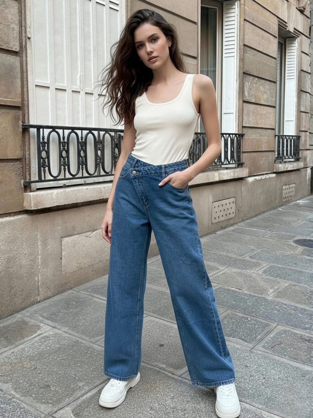 Blue Asymmetric Waist Band Denim