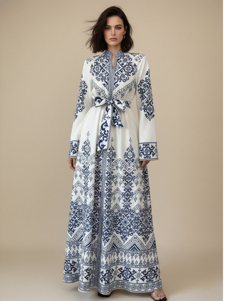 Blue High Neck Printed Dress