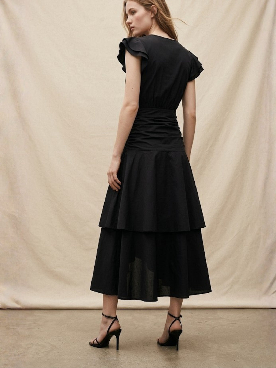 Black Ruffle Sleeve V Neck Dress