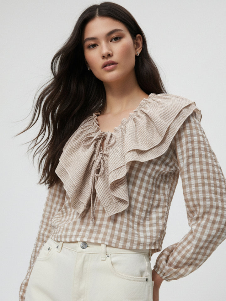 Beige Ruffle Neckline Checkered Blouse