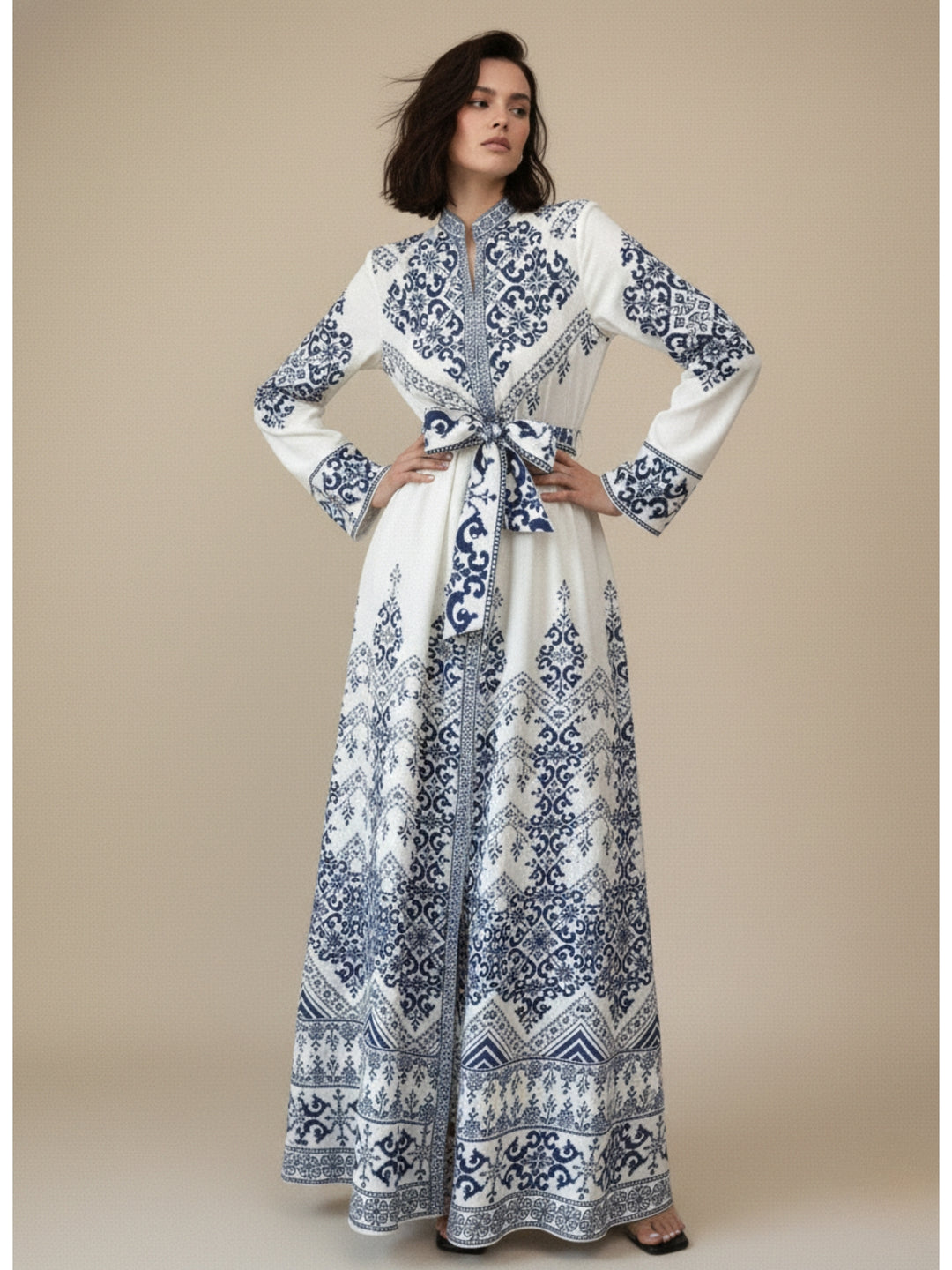 Blue High Neck Printed Dress