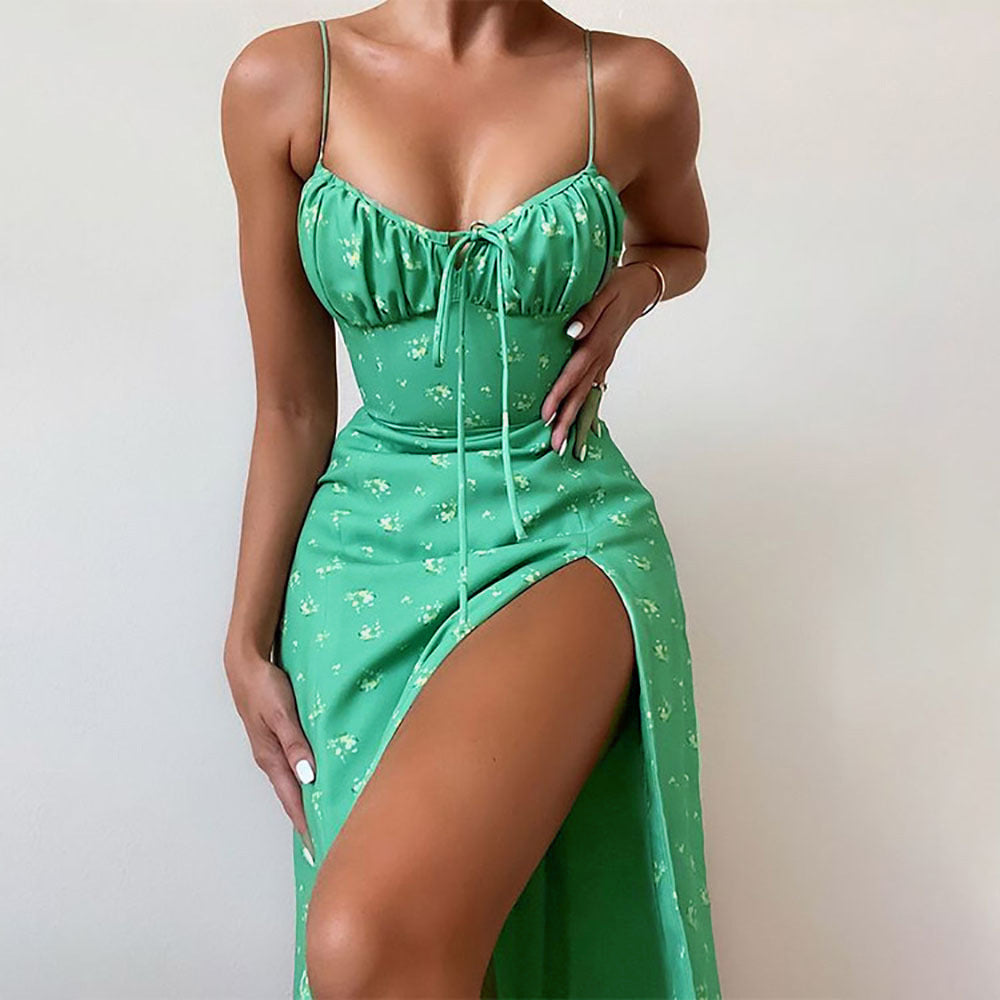 Green Bust Gathering Fit And Flare High Slit Maxi Dress