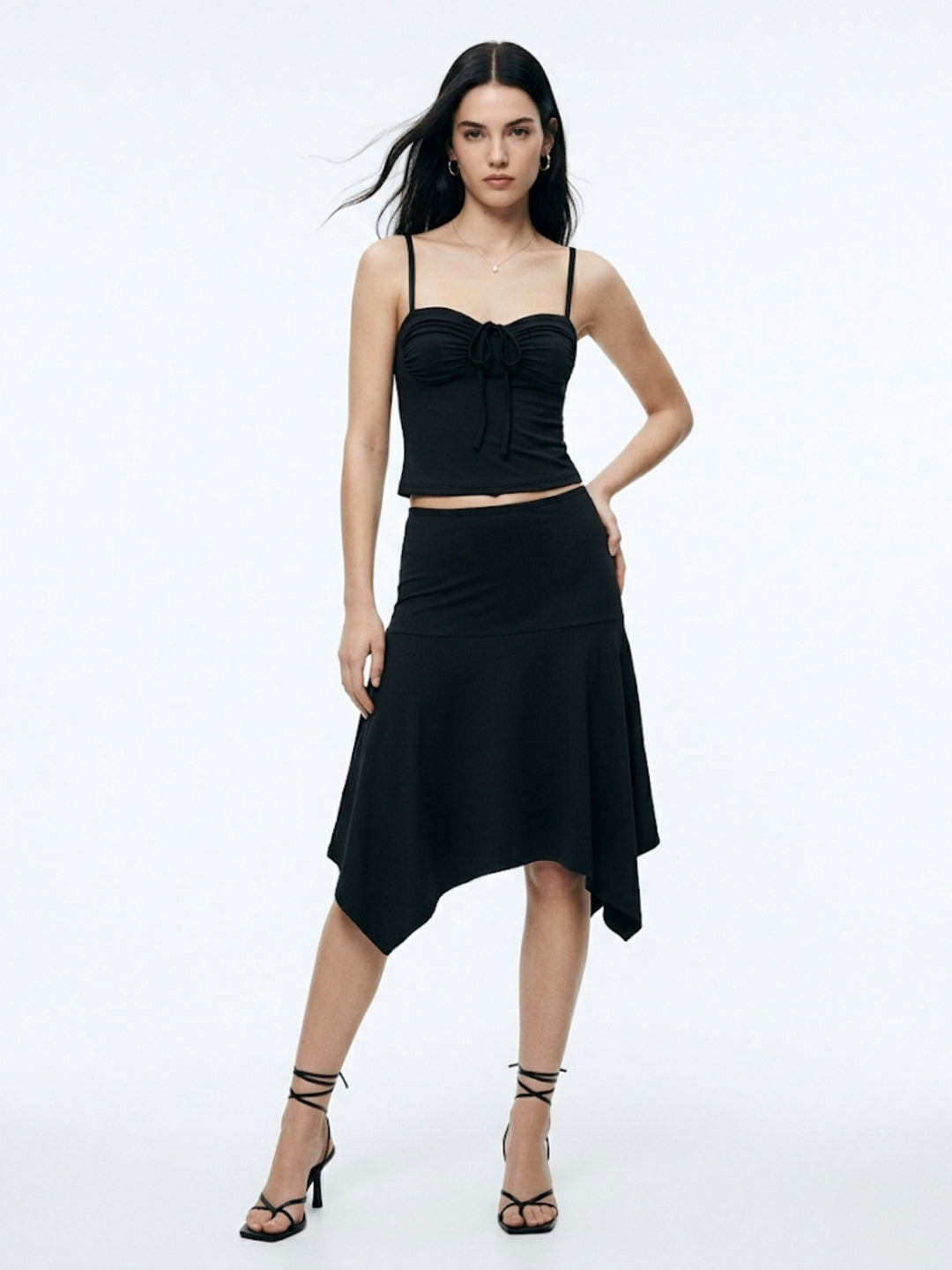 Black Spaghetti Strap Fitted Top And Flared Skirt