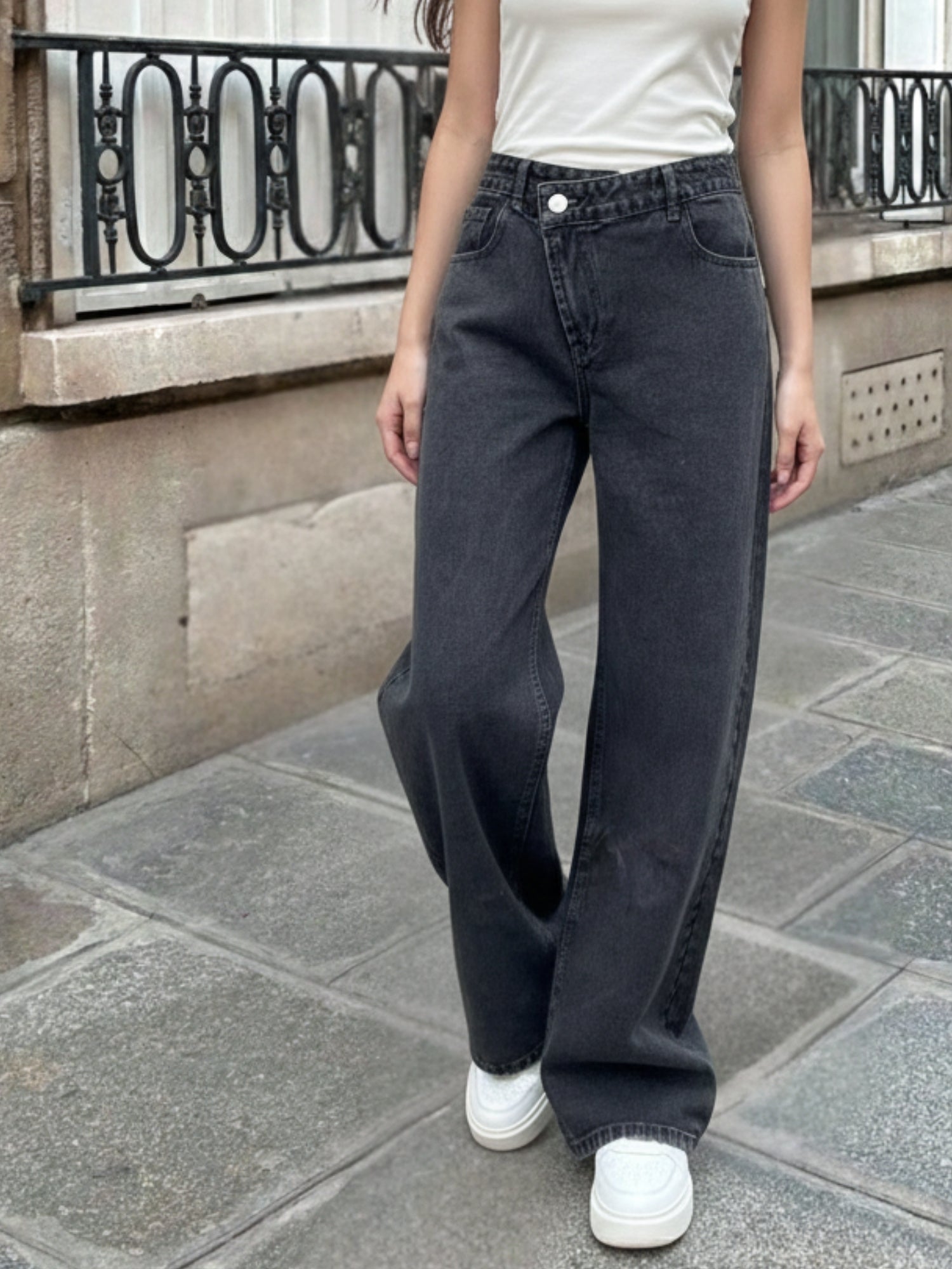 Black Asymmetric Waist Band Denim