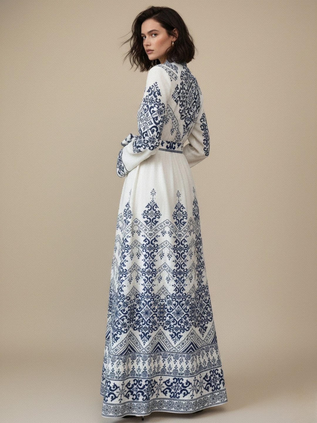 Blue High Neck Printed Dress