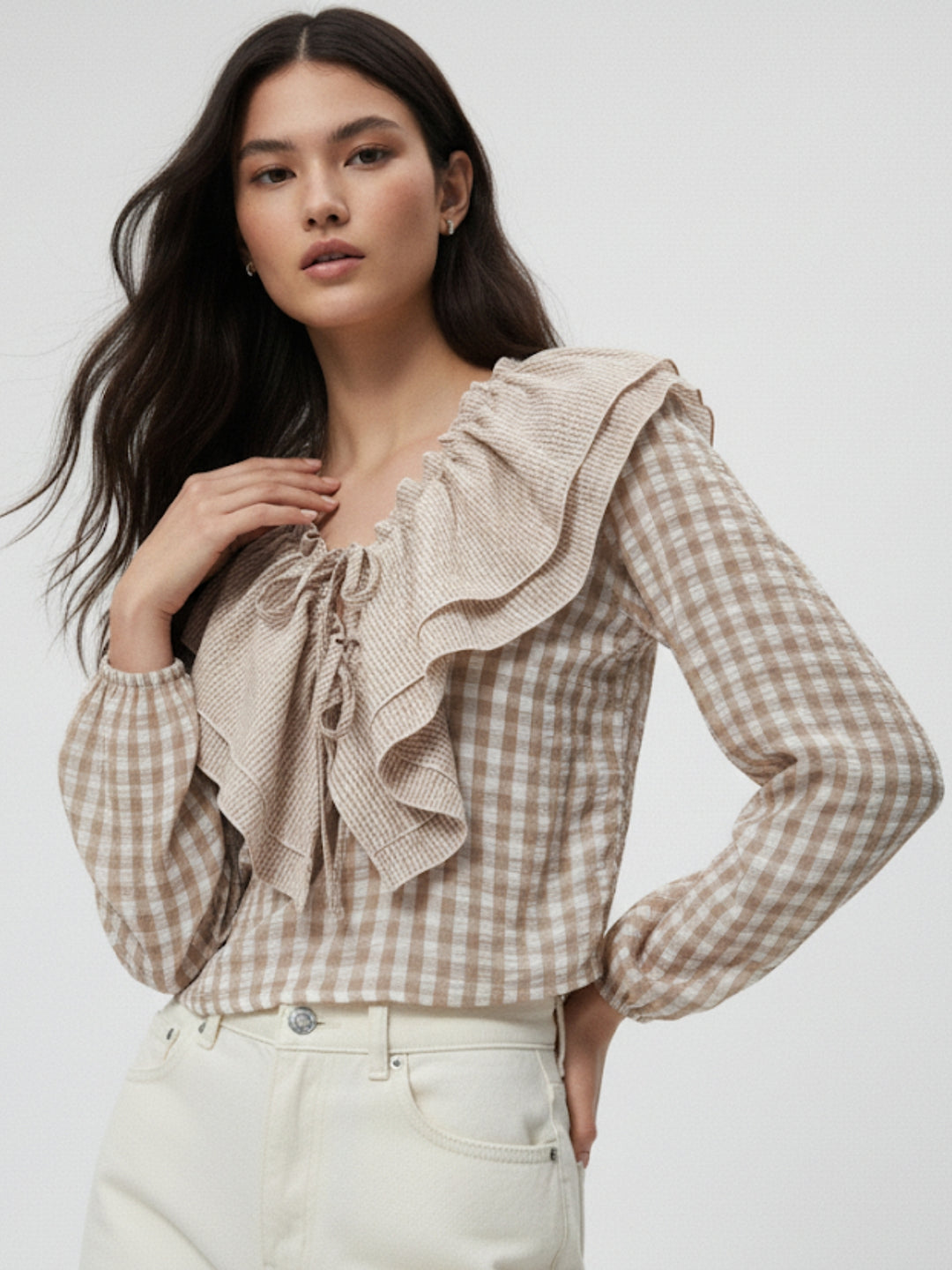 Beige Ruffle Neckline Checkered Blouse