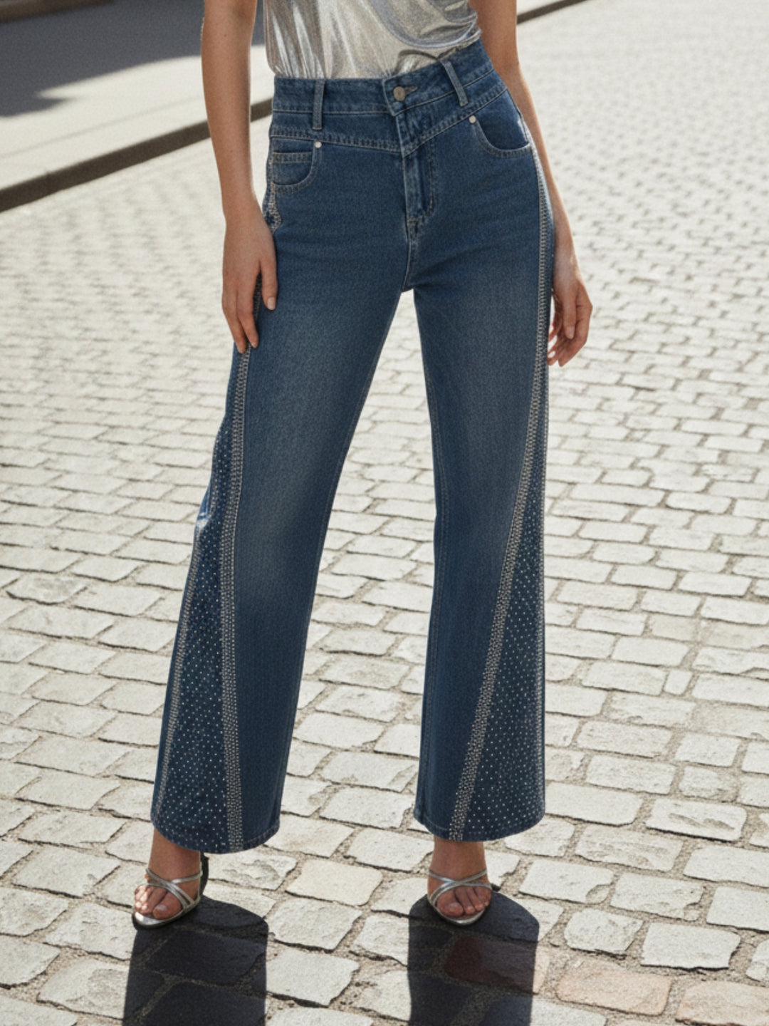 Navy Blue High Waist Frayed Wide Leg Jeans