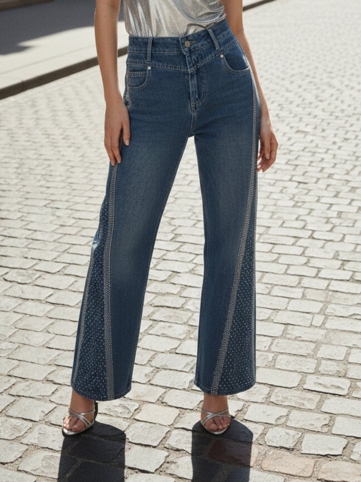 Navy Blue High Waist Frayed Wide Leg Jeans