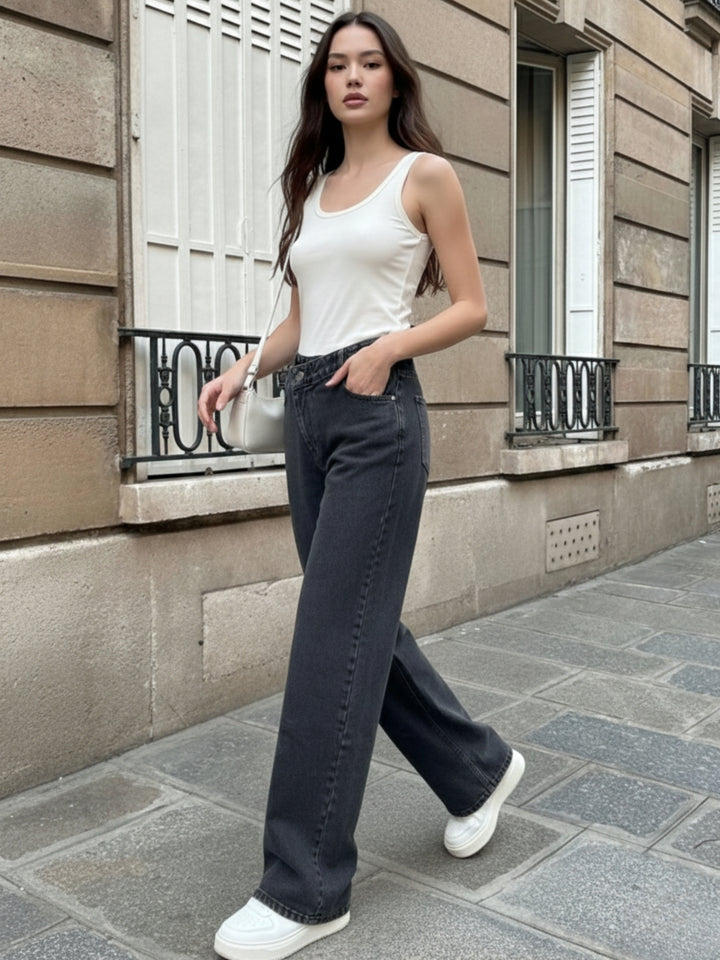 Black Asymmetric Waist Band Denim