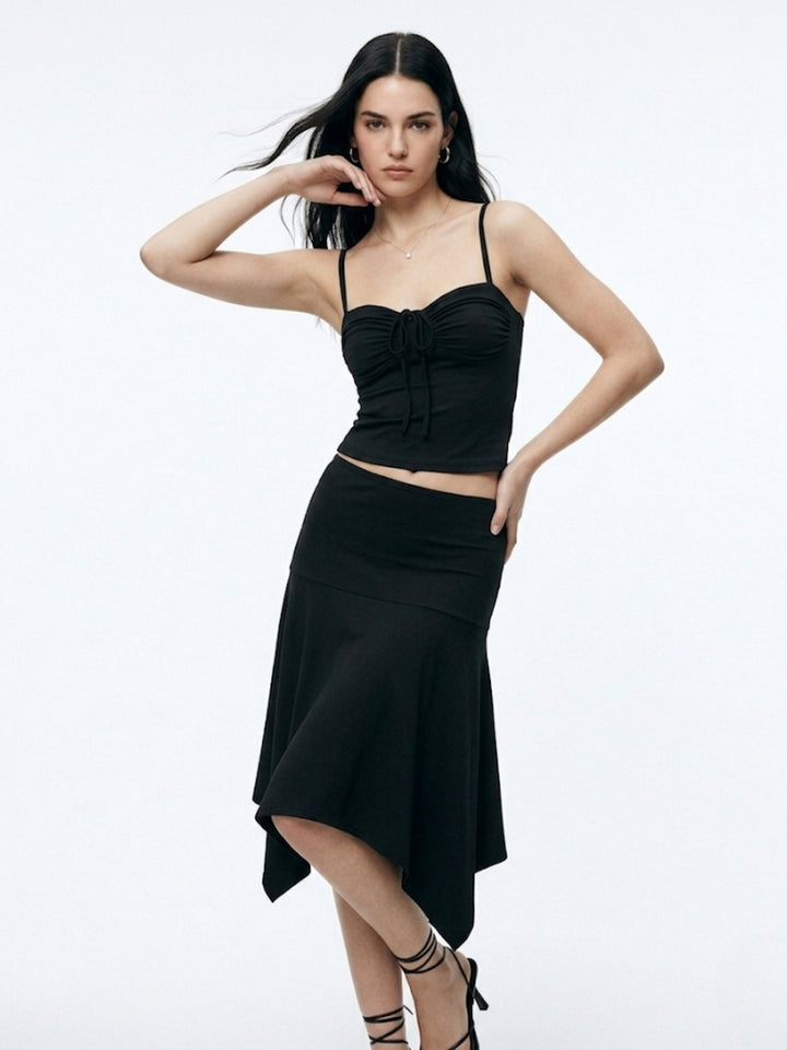 Black Spaghetti Strap Fitted Top And Flared Skirt