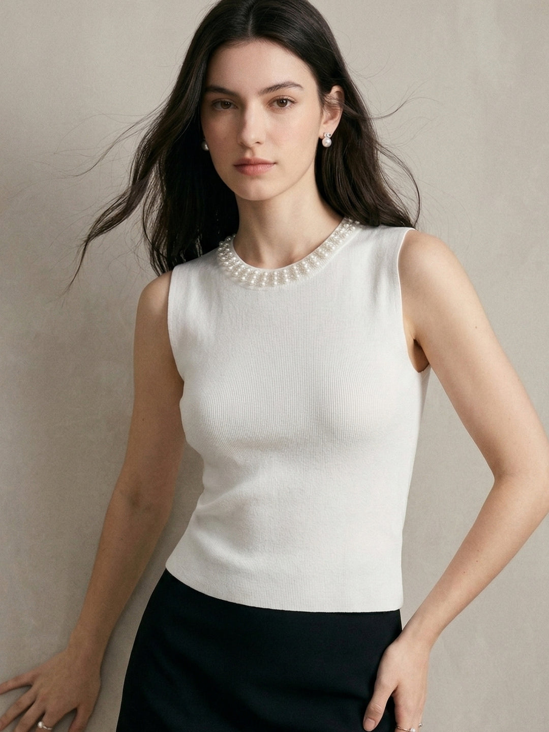 White Sleeveless Neck Embellished Tank
