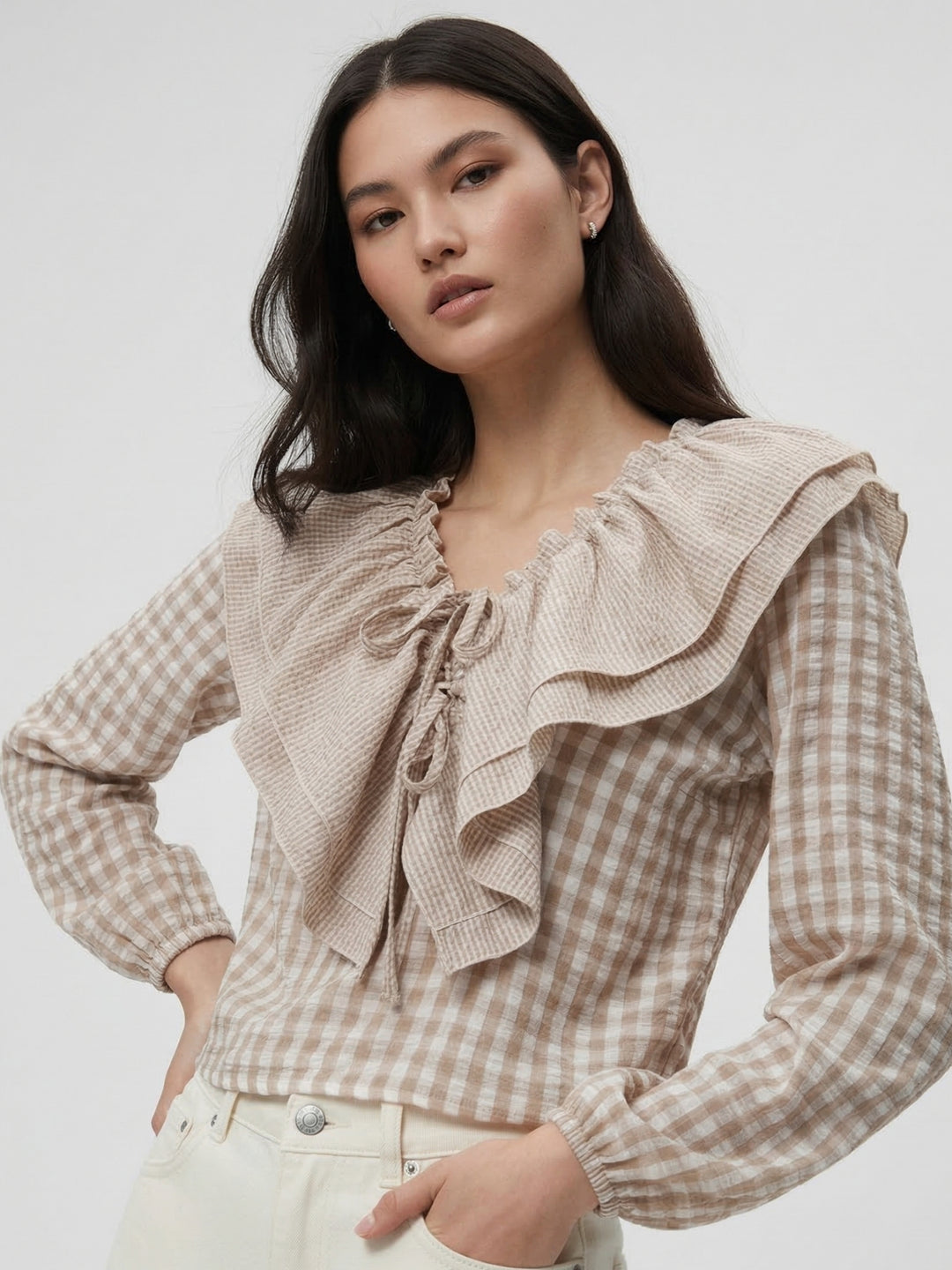 Beige Ruffle Neckline Checkered Blouse