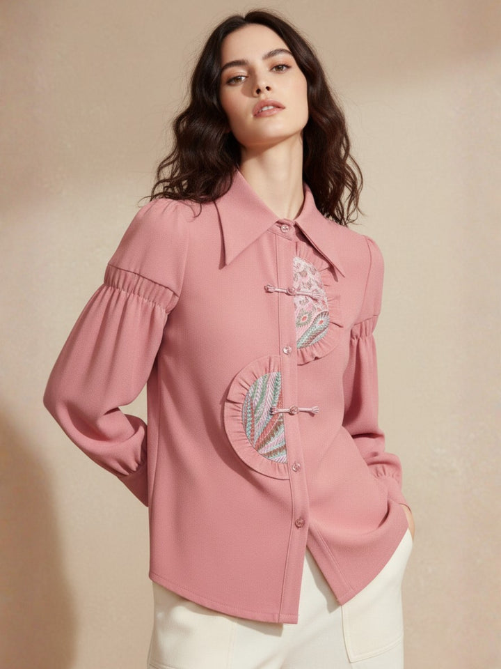 Pink Full Sleeve Collared Neck Ruffle Detail Top