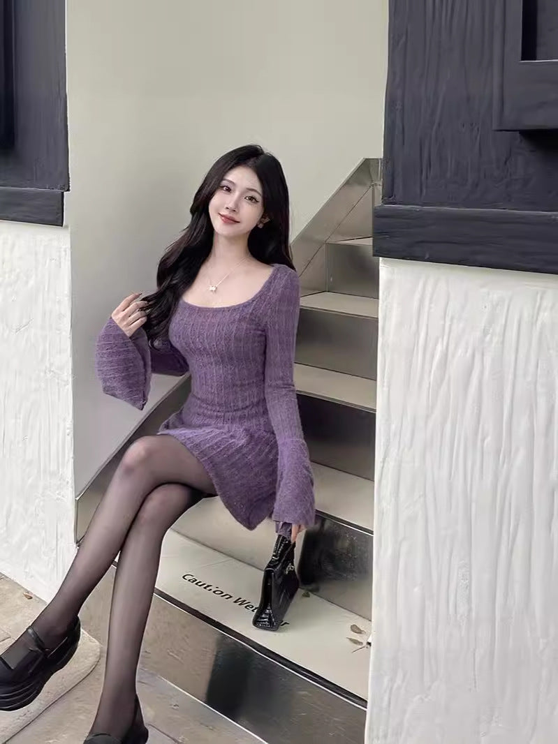 Purple Square Neck Textured Dress
