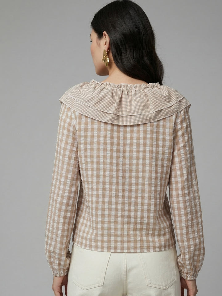 Beige Ruffle Neckline Checkered Blouse