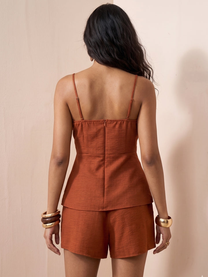 Rust Spaghetti Strap Top And Shorts Set