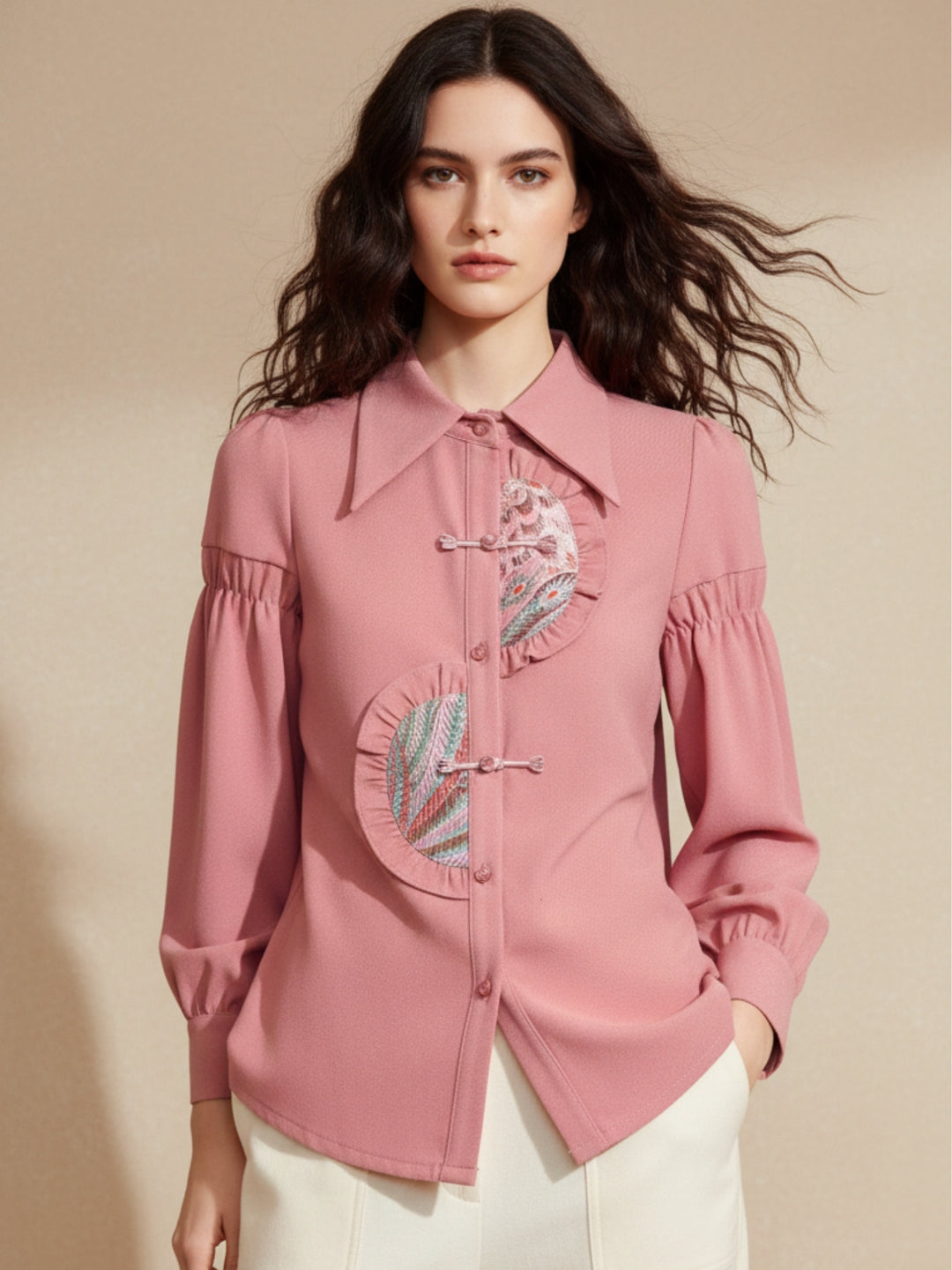 Pink Full Sleeve Collared Neck Ruffle Detail Top