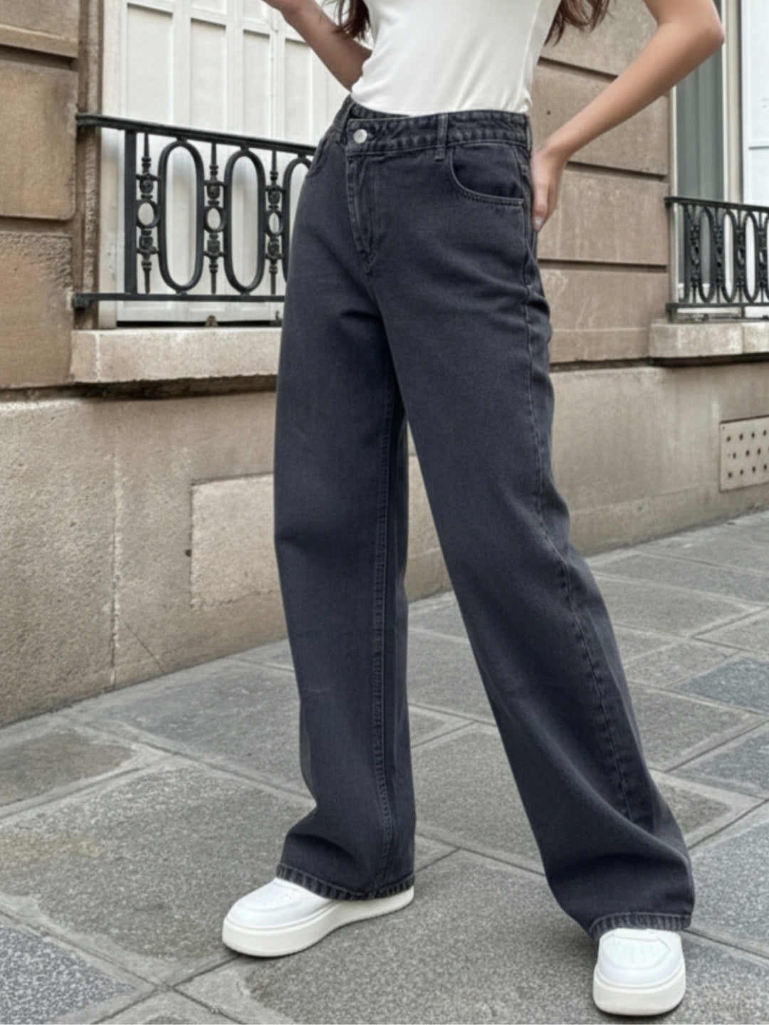 Black Asymmetric Waist Band Denim