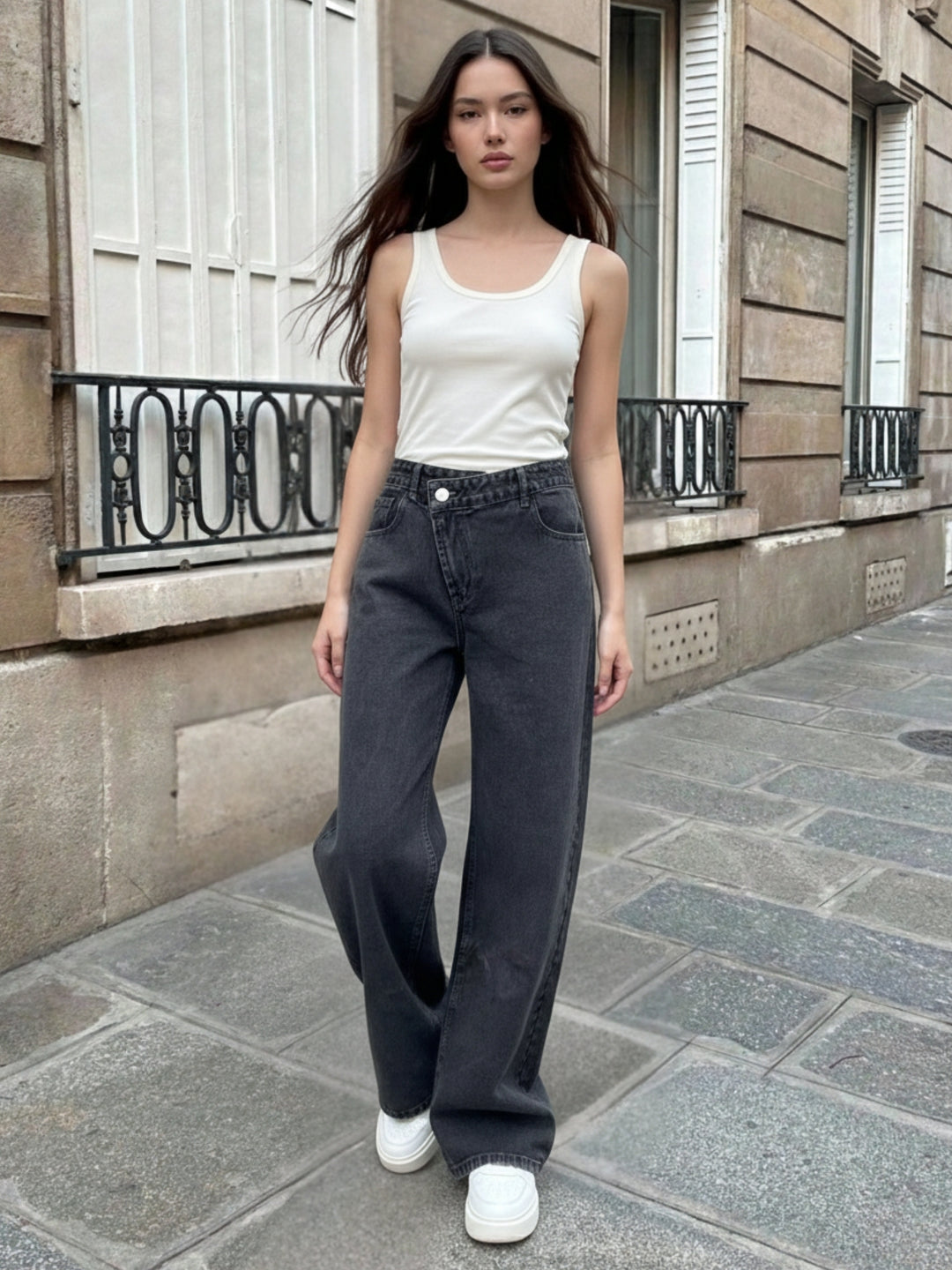 Black Asymmetric Waist Band Denim