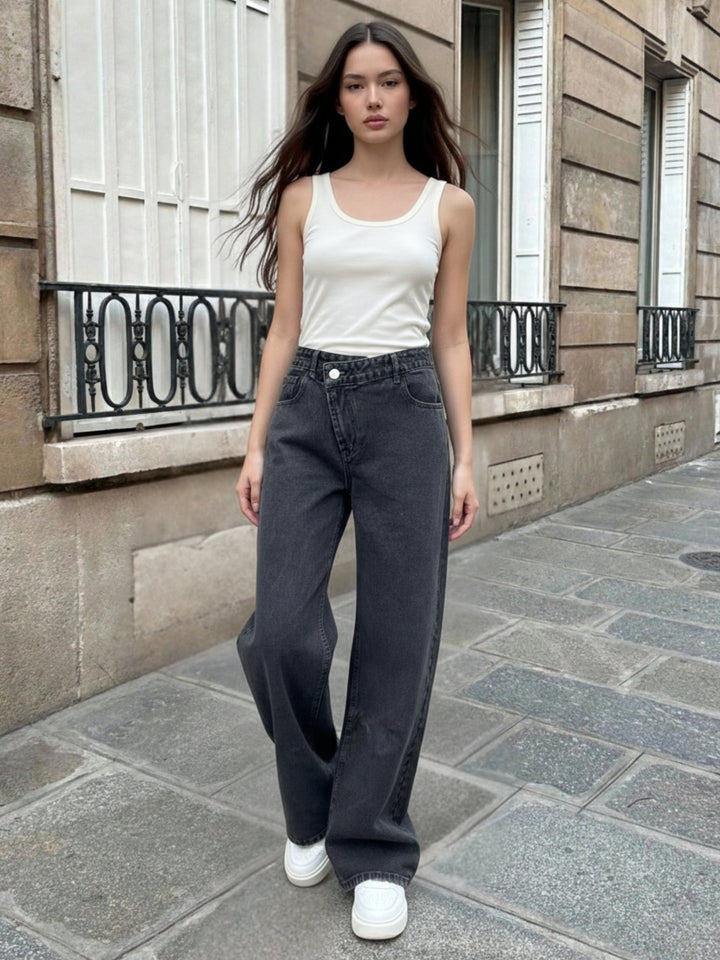 Black Asymmetric Waist Band Denim