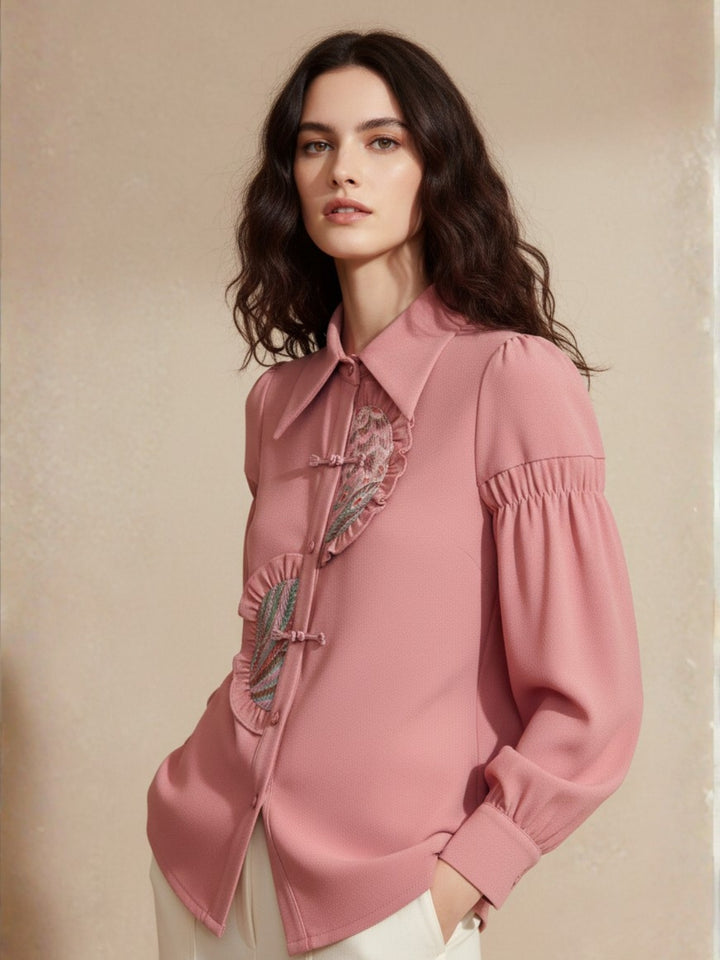Pink Full Sleeve Collared Neck Ruffle Detail Top